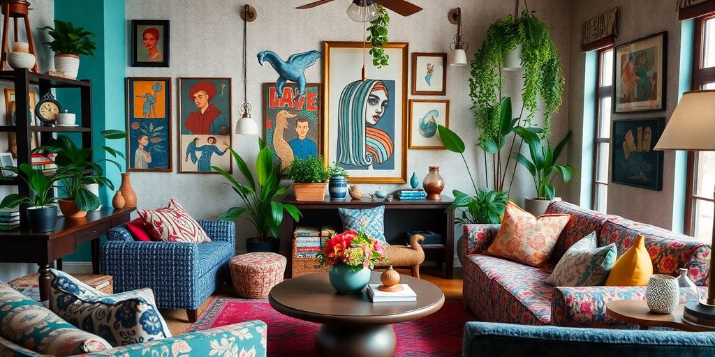 Eclectic decor with colorful patterns and unique furniture.